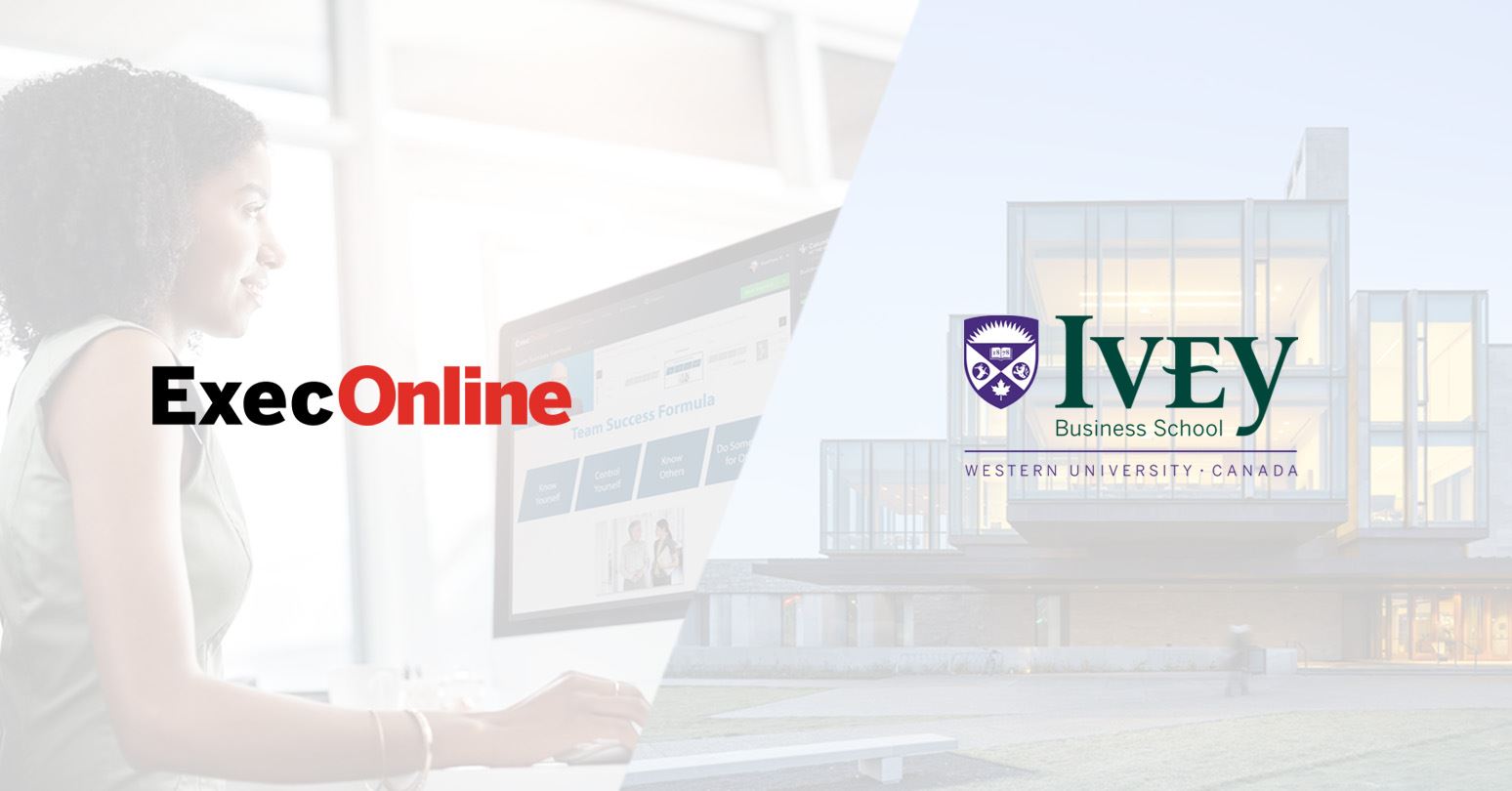 Women looking at online program on laptop (left) and exterior of Ivey Business School building (right)