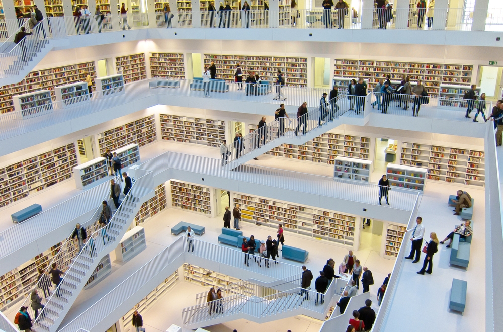 Large building with books and people