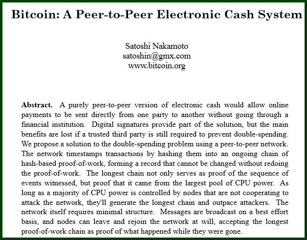 The first page of the Bitcoin: A Peer-to-Peer Electronic Cash System paper