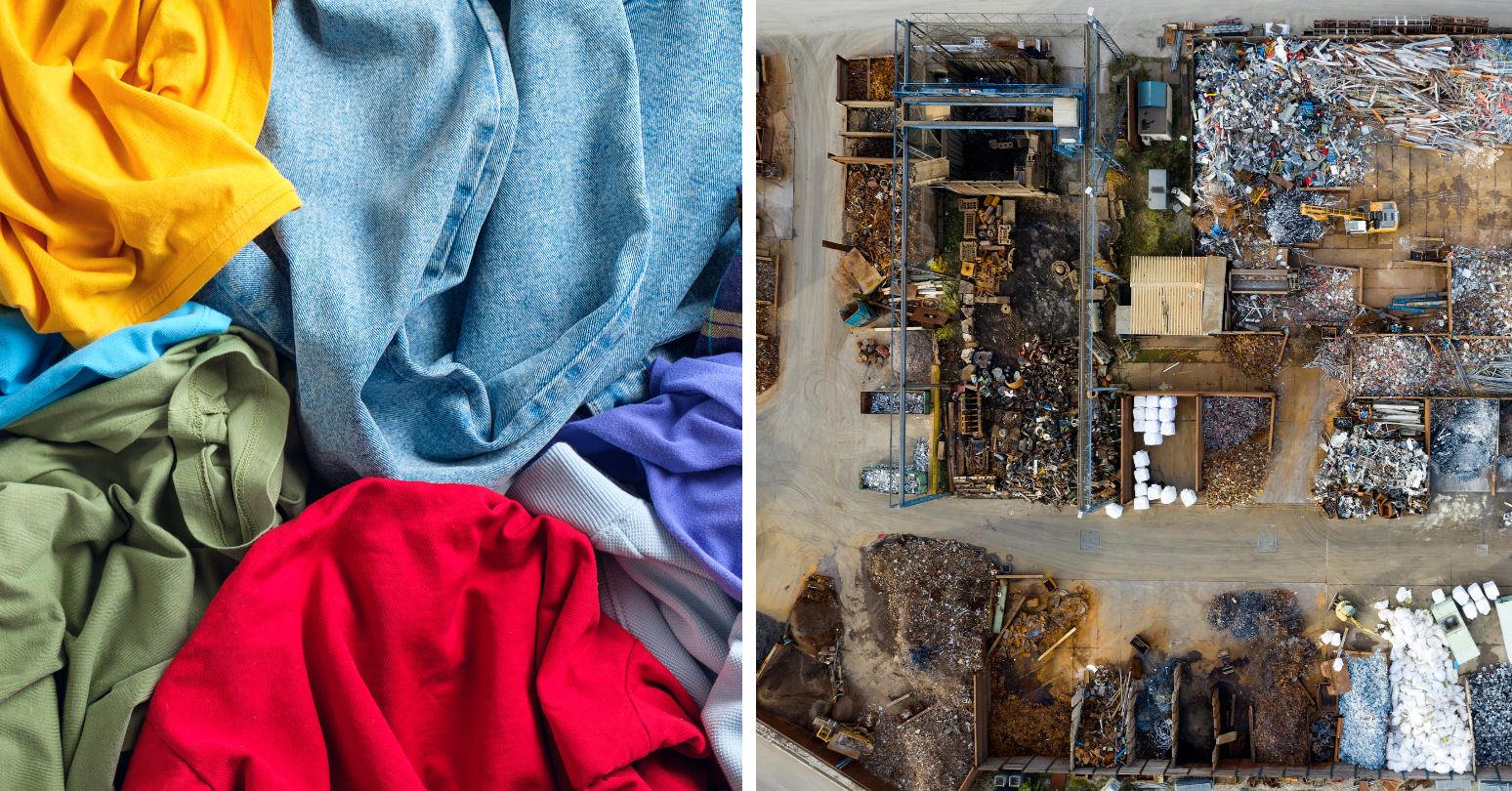 Photos of bunched up clothing and sorted construction waste, side by side
