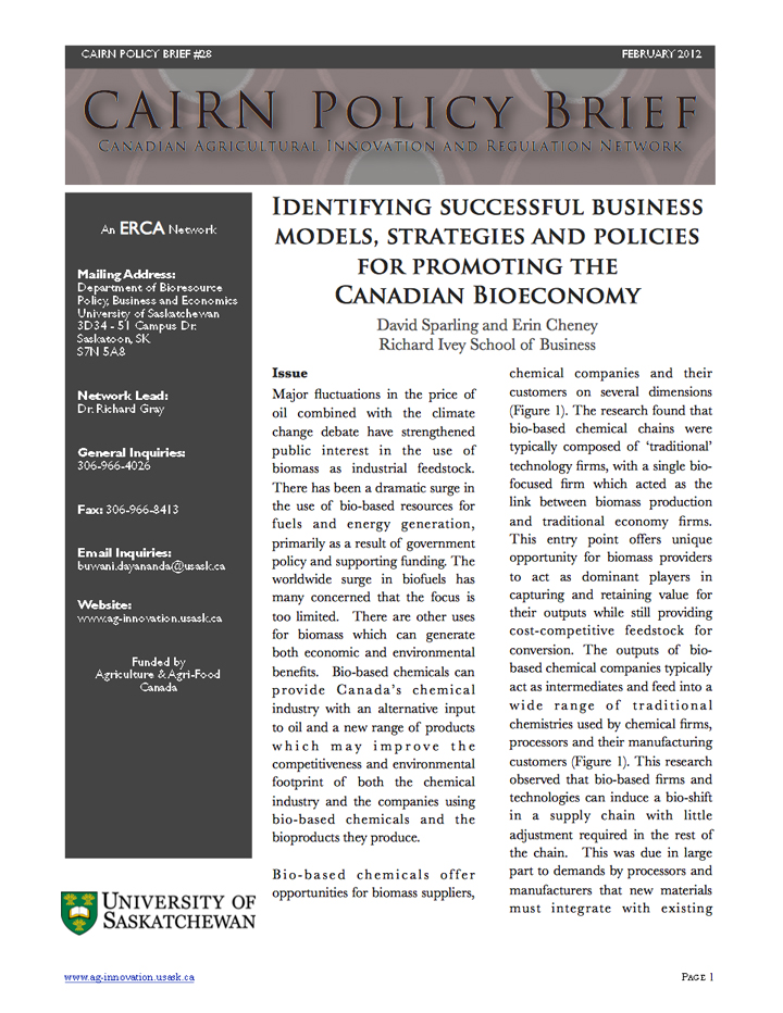 Identifying successful business models, strategies and policies for promoting the Canadian Bioeconomy