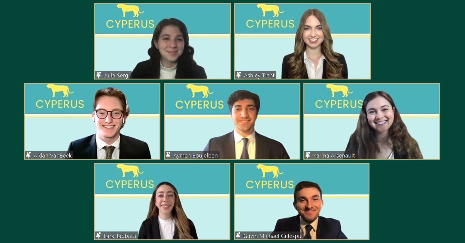 Members of Team Cyperus: (top, l-r) Julia Sergi, Ashley Trent; (second row, l-r) Aidan VanBeek, Aymen Boujelben, Karina Arsenault; (bottom, l-r), Lara Tabbara, Gavin Gillespie
