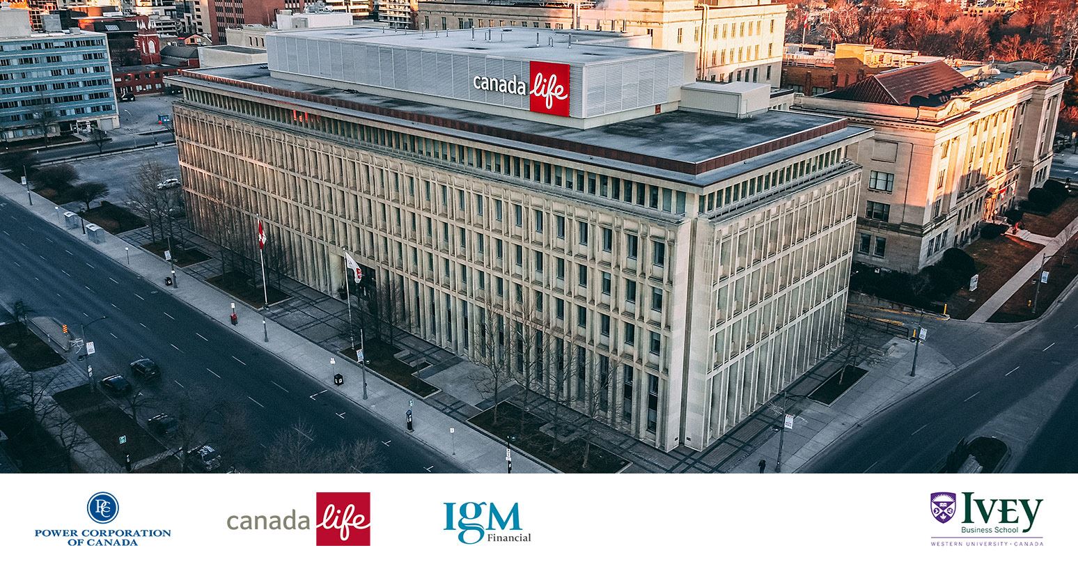 Aerial view of Canada Life building with four logos at bottom (l-r): Power Corporation of Canada, Canada Life, IGM Financial, Ivey Business School