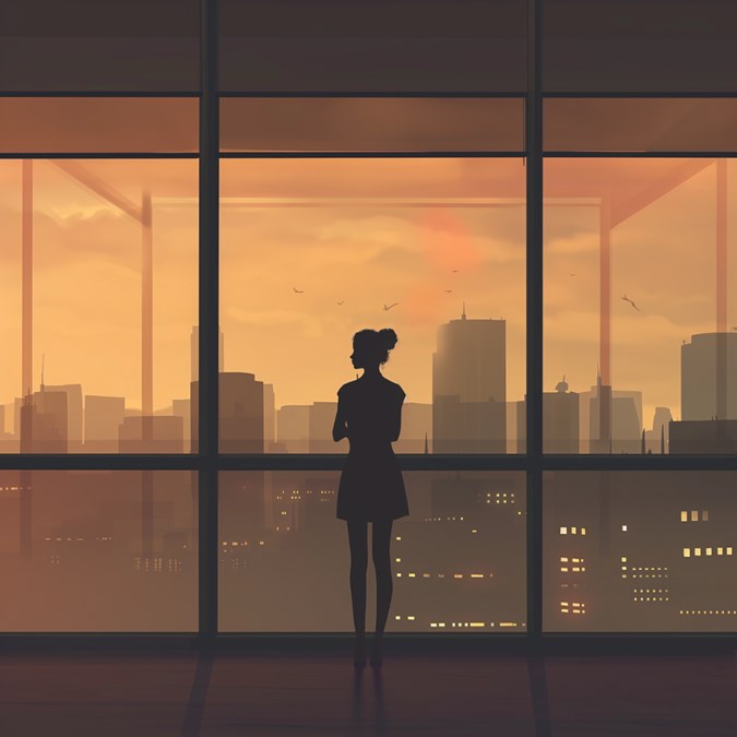Illustration of woman's silhouette looking out of a window overlooking the city