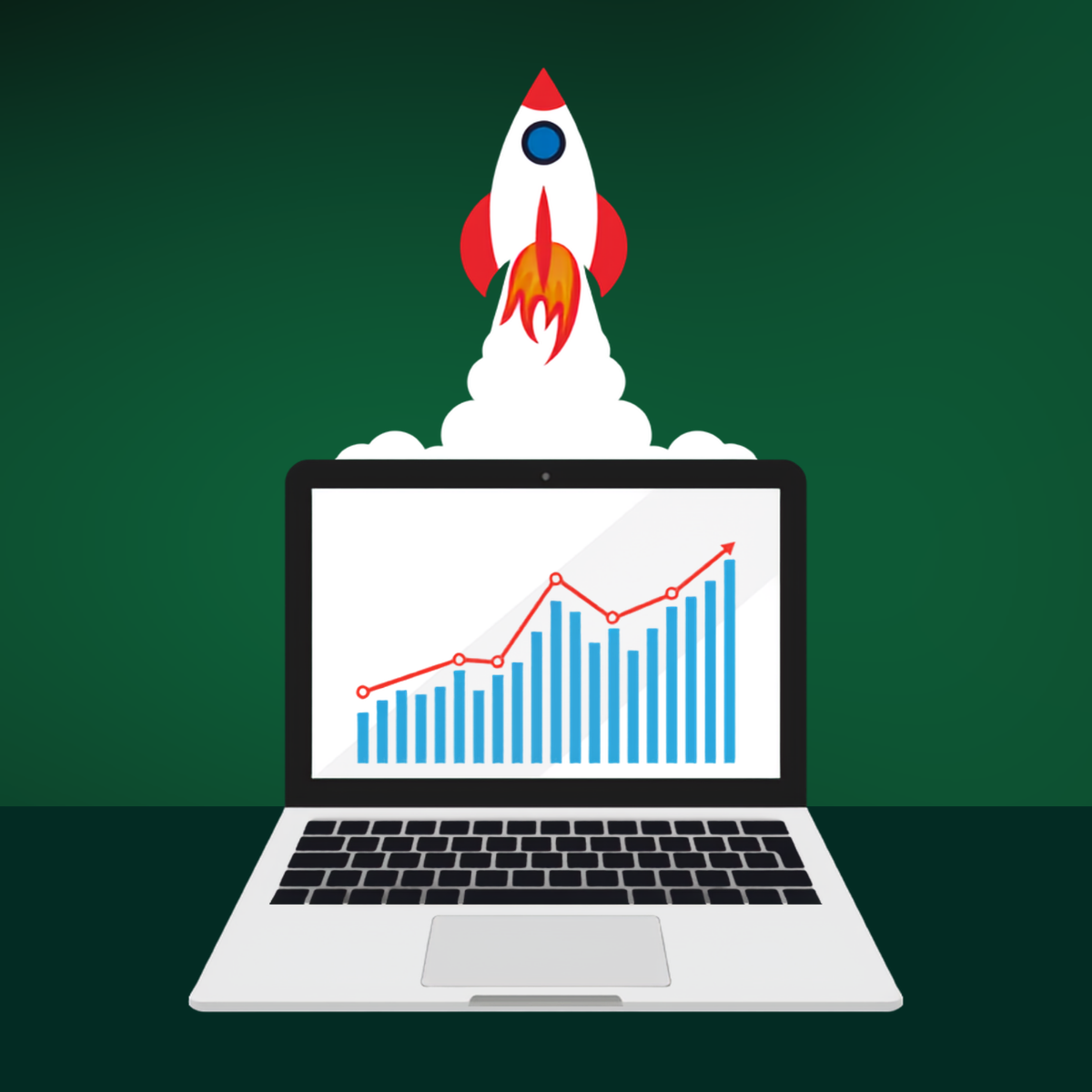 Illustration Of A Laptop Showing An Upward Trending Financial Chart, With A Rocket Launching Upward From The Screen.