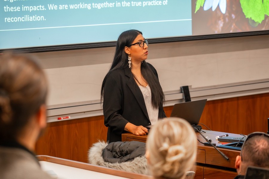 Samantha Whiteye speaking to the HBA students