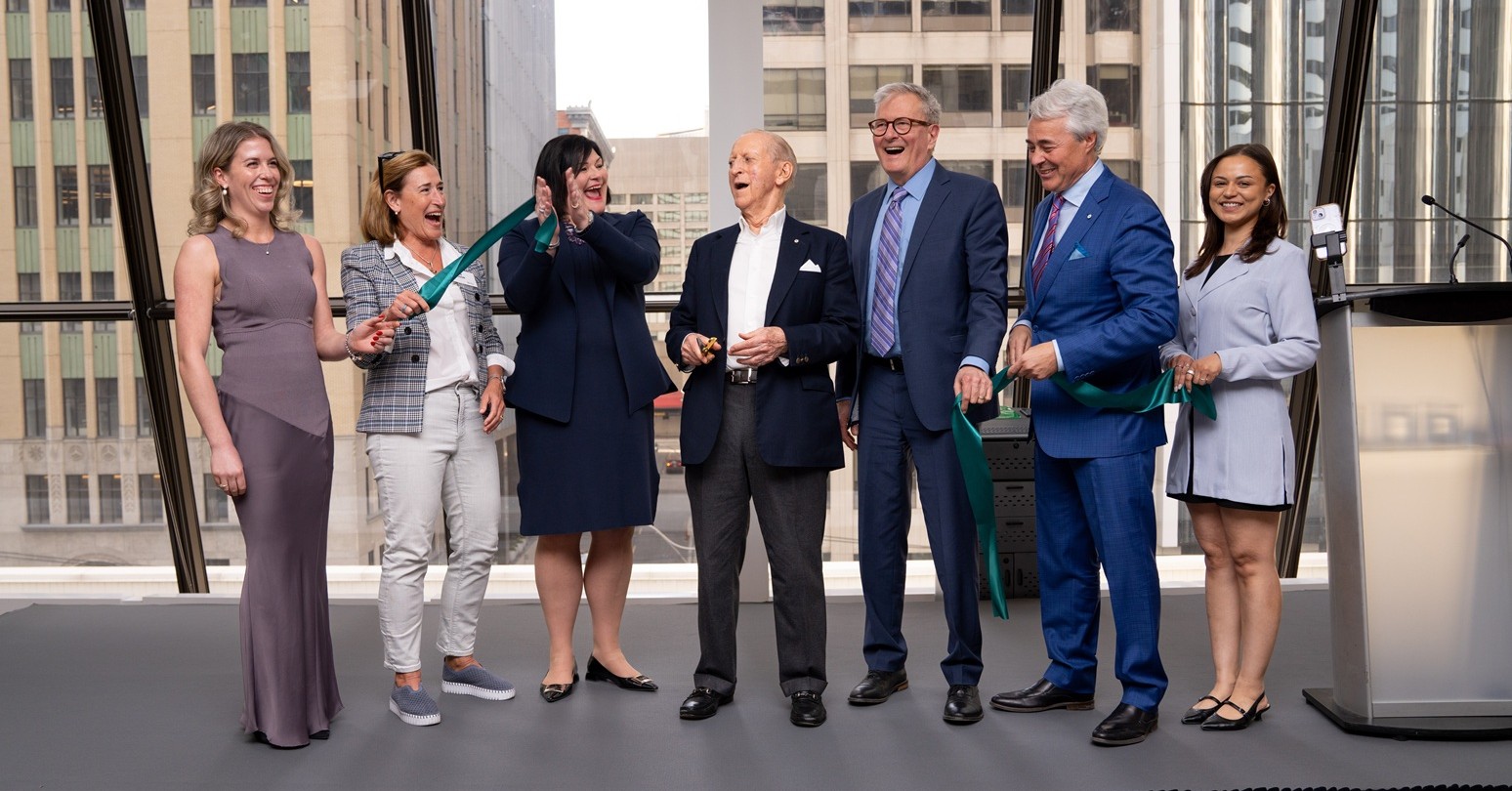 Guests at the ribbon-cutting ceremony for the Donald K. Johnson Centre opening l-r: Kate Schieman, Sharon Hodgson, Cathy Vitkauskas, Donald K. Johnson, Alan Shepard, Chris Tambakis, Jessica Cooper.