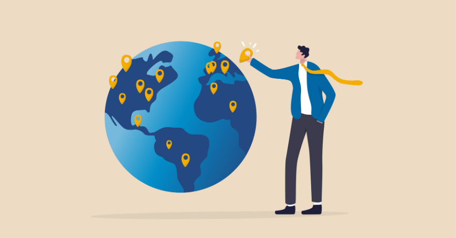 Illustration Of A Businessman Pointing To A Globe Marked With Location Pins Around The World