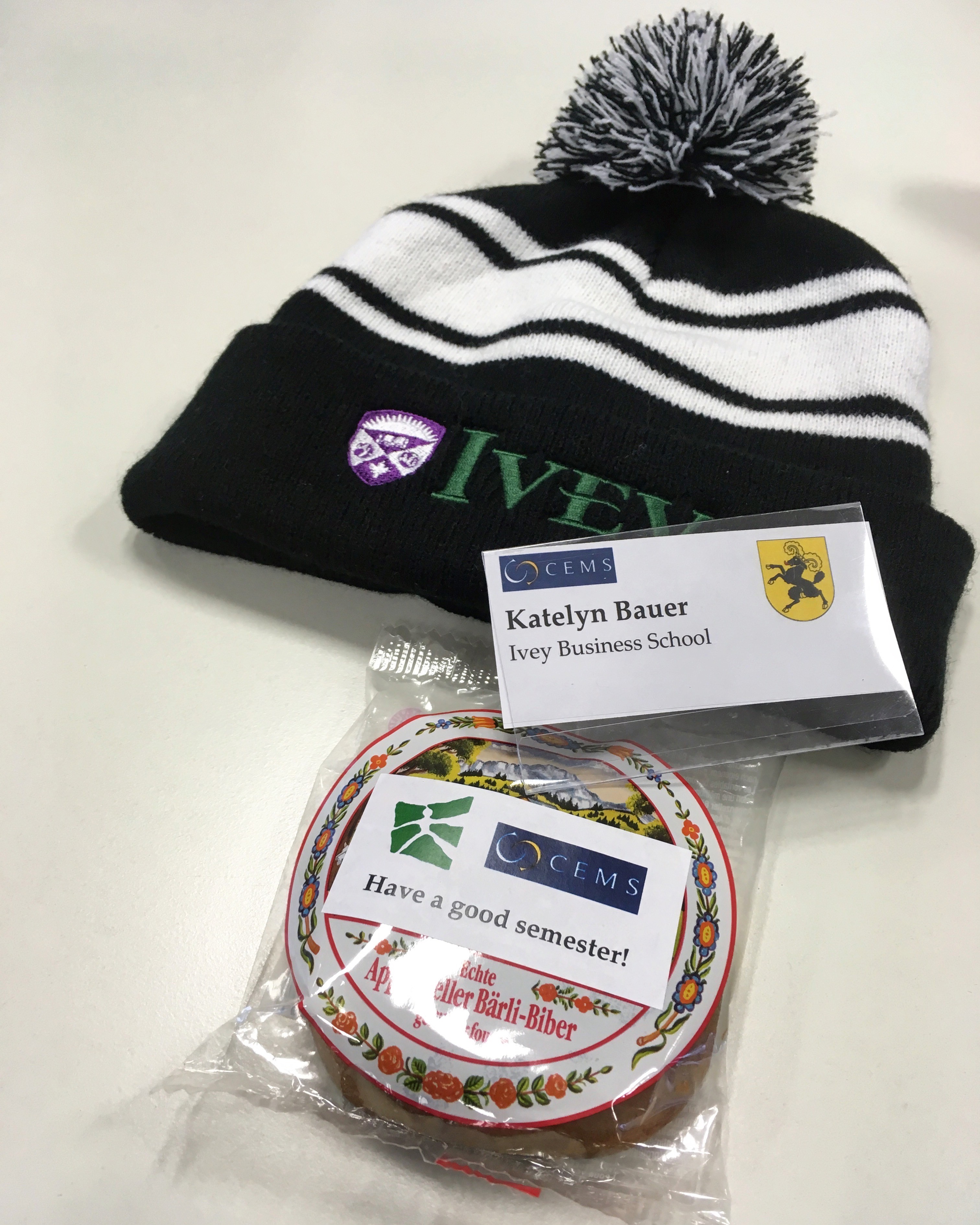 An Ivey touque, treat and Katelyn Bauer nametag