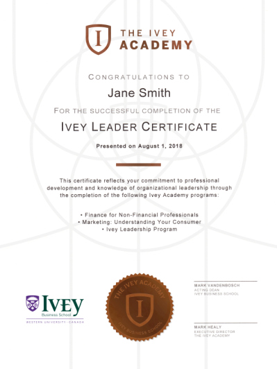 Ivey Leader Certificate sample