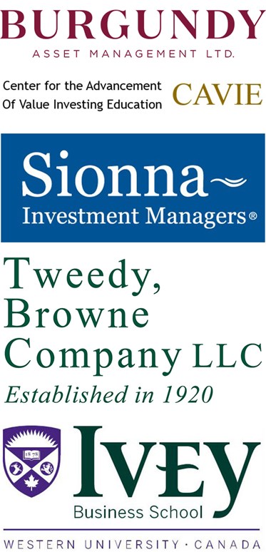 A group of sponsor logos including Burgundy, CAVIE, Sionna, Tweedy, Browne Company LLC and Ivey Business School