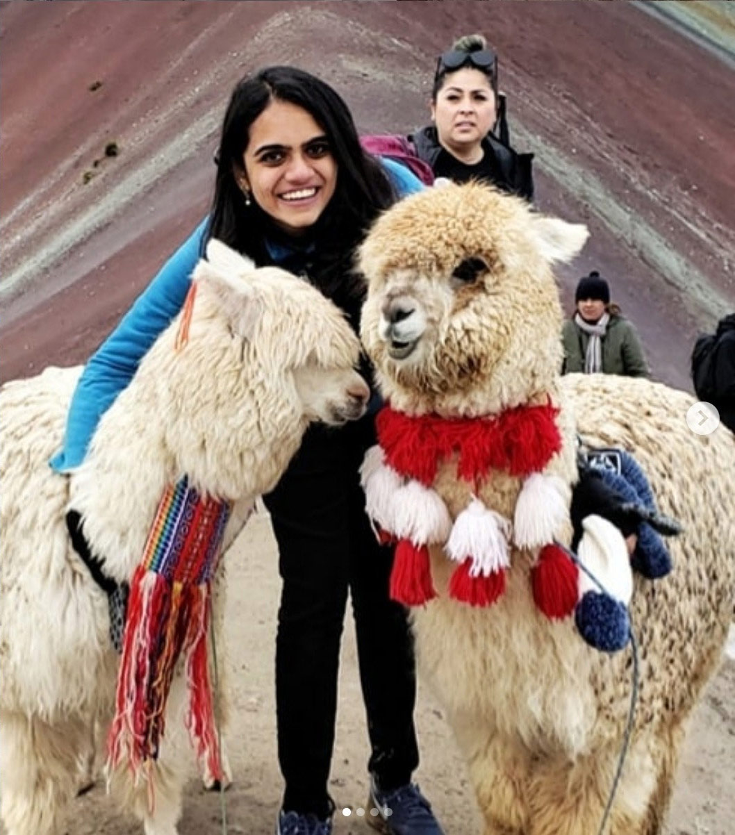 Samanvitha Kuttogul Veeresh with some alpacas