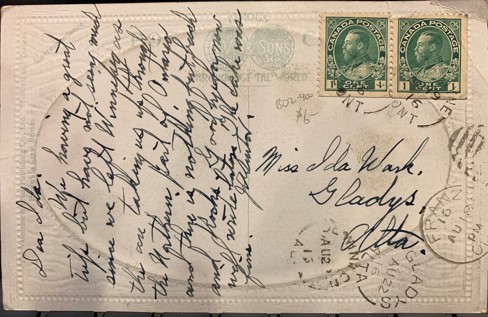 Back of the Kakabeka Falls postcard with a note by Ida