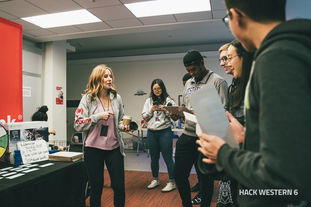 Group of students talking at the Hack Western 6 event