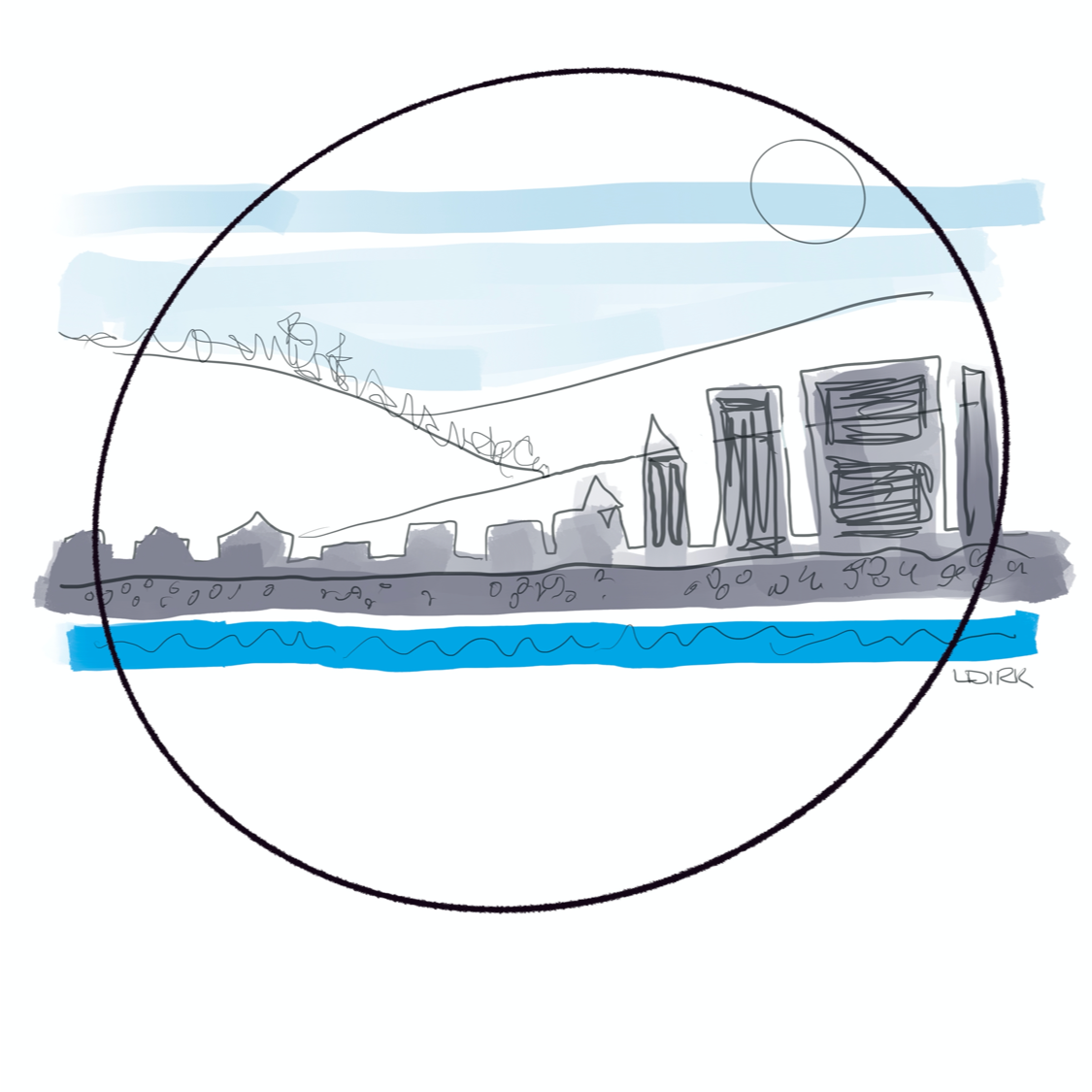 Illustration of city skyline with water in front and hill behind, plus circle around part of the picture to illustrate the need to have awareness of the bigger picture