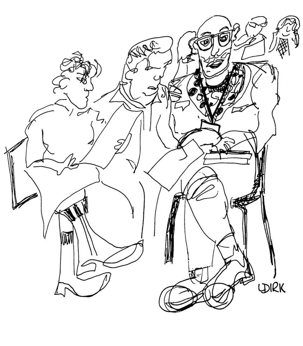 Cartoon-like illustration of 3 people sitting together, discussing ideas