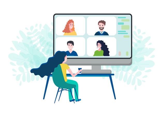 Illustration of a person sitting at computer on a virtual meeting 