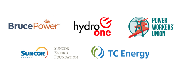 A group of logos featuring Bruce Power, Hydro One, Power Workers' Union, Suncor Energy and TC Energy