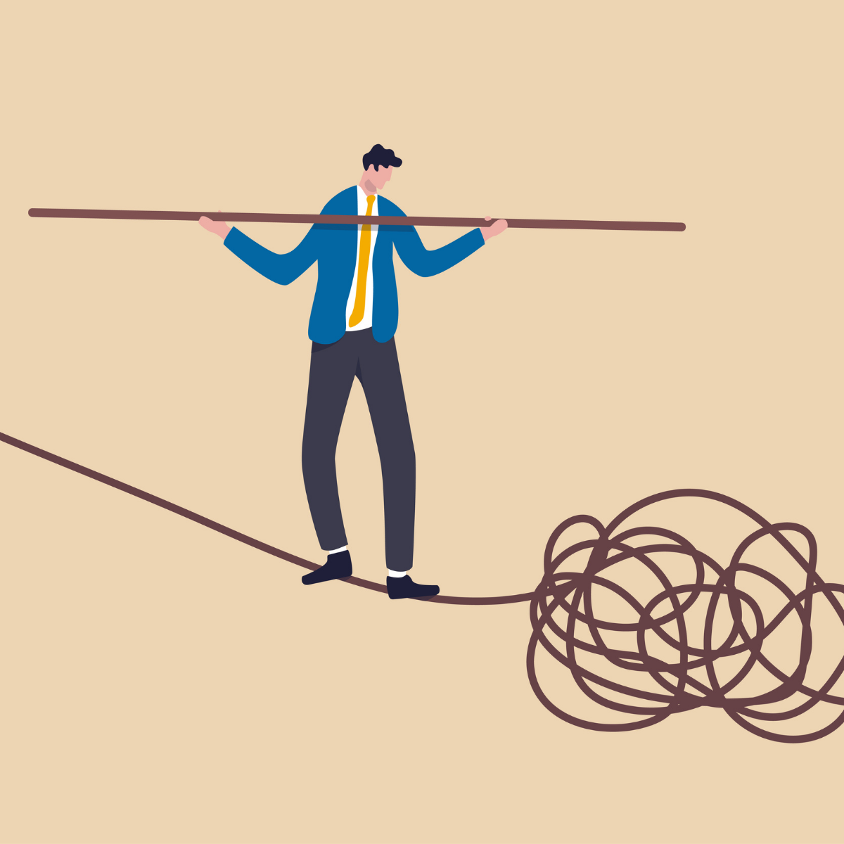 Illustration Of A Businessperson Balancing On A Tightrope Above A Tangled Line