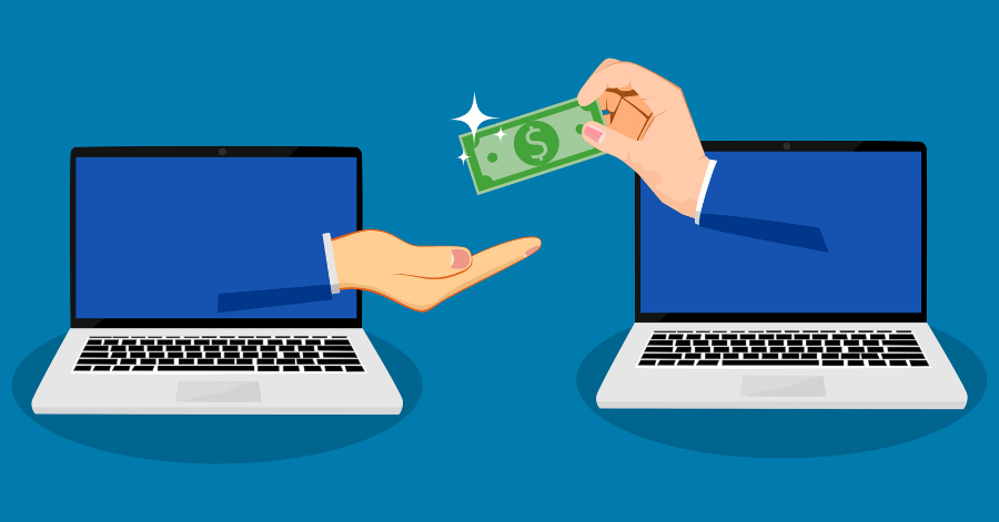 Illustration Of Two Laptops Exchanging Money, With Hands Passing A Dollar Bill Between Them