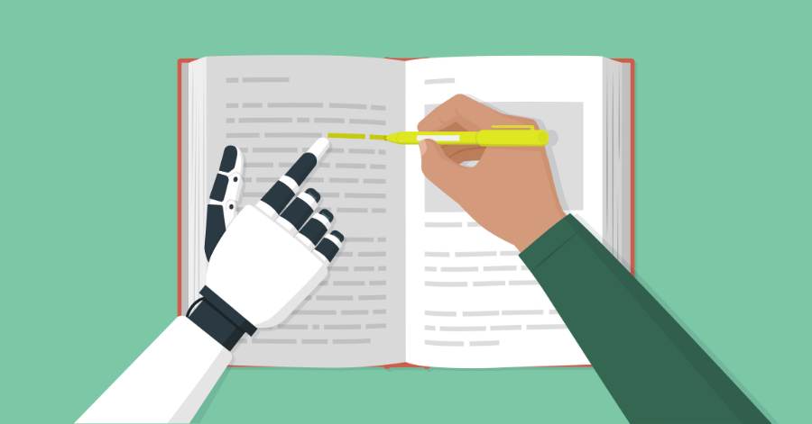 Illustration Of A Human Hand Highlighting Text In A Book Alongside A Robotic Hand.