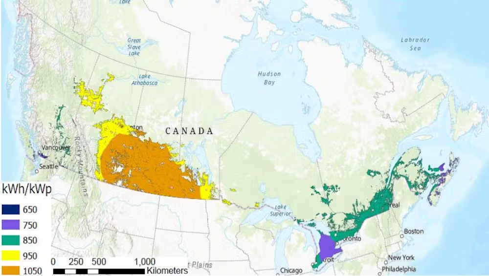 A map showing the agrivoltaic potential in Canada