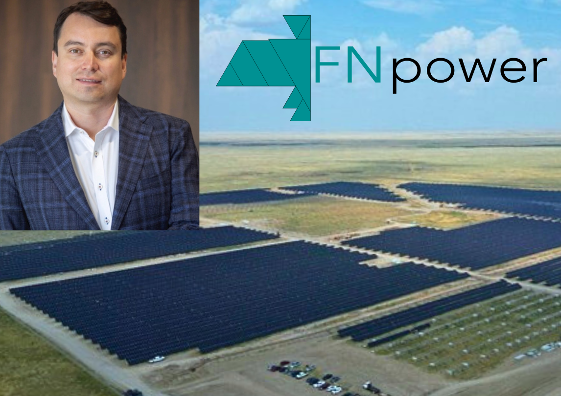 Image of Firman Latimer (EMBA '20), the FN Power logo and a background image of solar panels in a field