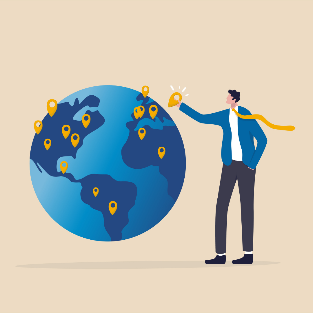Illustration Of A Businessman Pointing To A Globe Marked With Location Pins Around The World