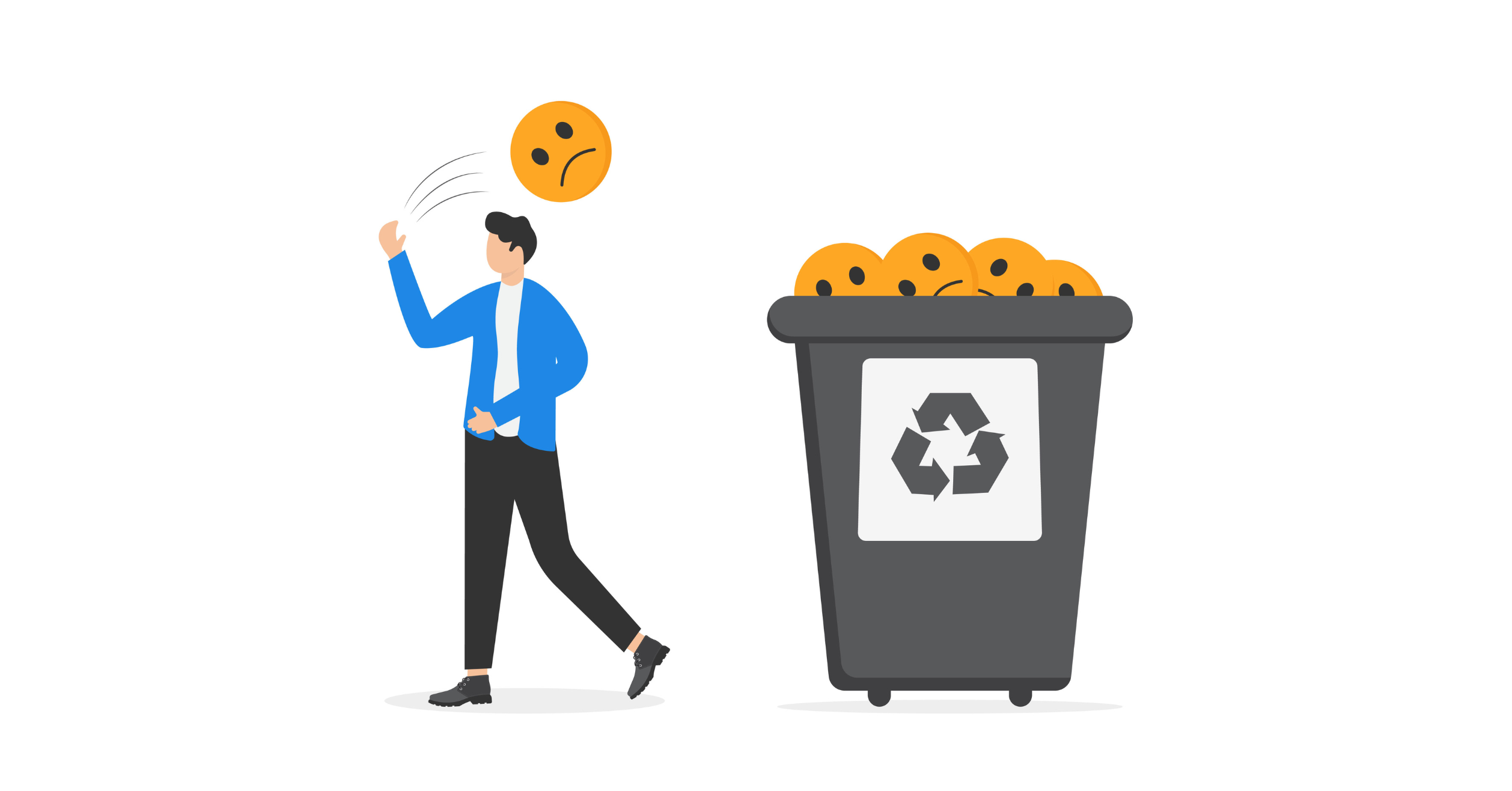 Graphic Of Person Throwing A Sad Face Into A Recycling Bin Full Of Sad Faces