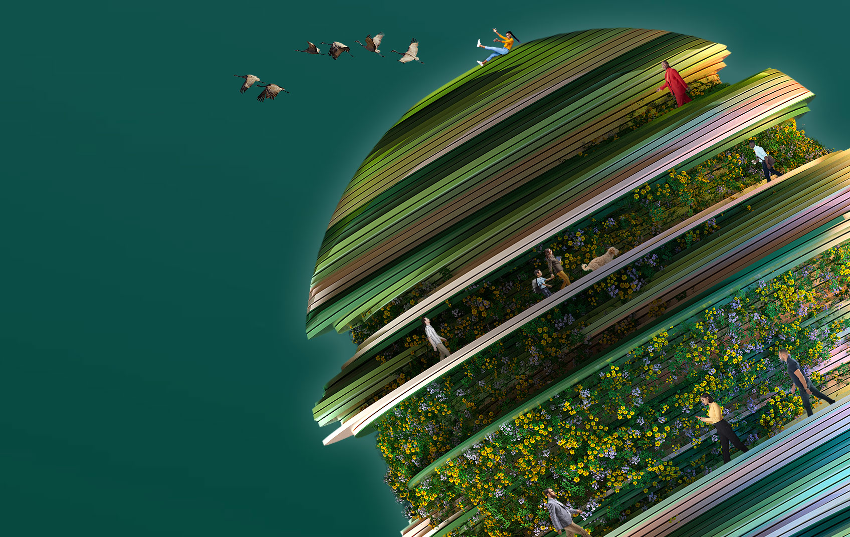 Digital generated image of grass and flowers growing on abstract multi layered spheric shape against dark green background. People walking around the inside.
