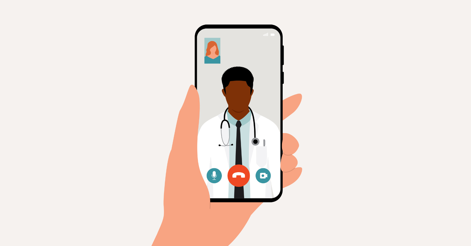 Illustration Of Hand Holding Mobile Phone With Doctor Having A Video Call With Patient