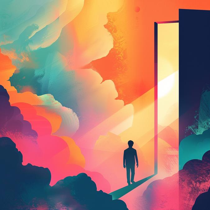 Illustration of person walking into open door in abstract setting