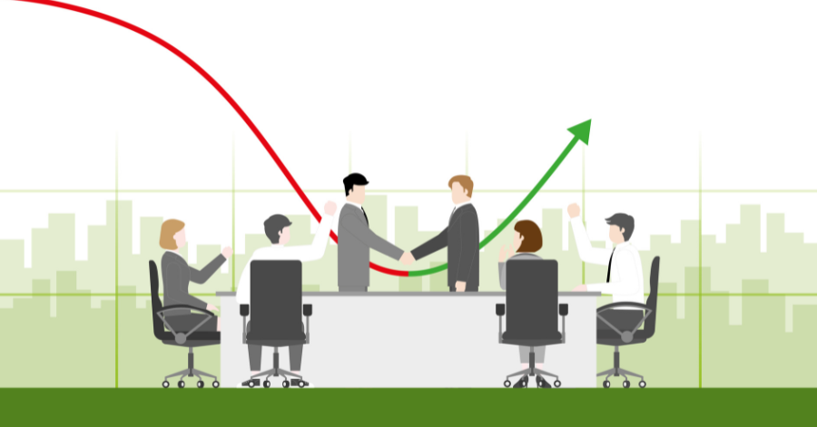 Landscape Graphic Of Board Meeting Where Directors Celebrate A Handshake, With A Chart Showing A Shift From Decline To Growth
