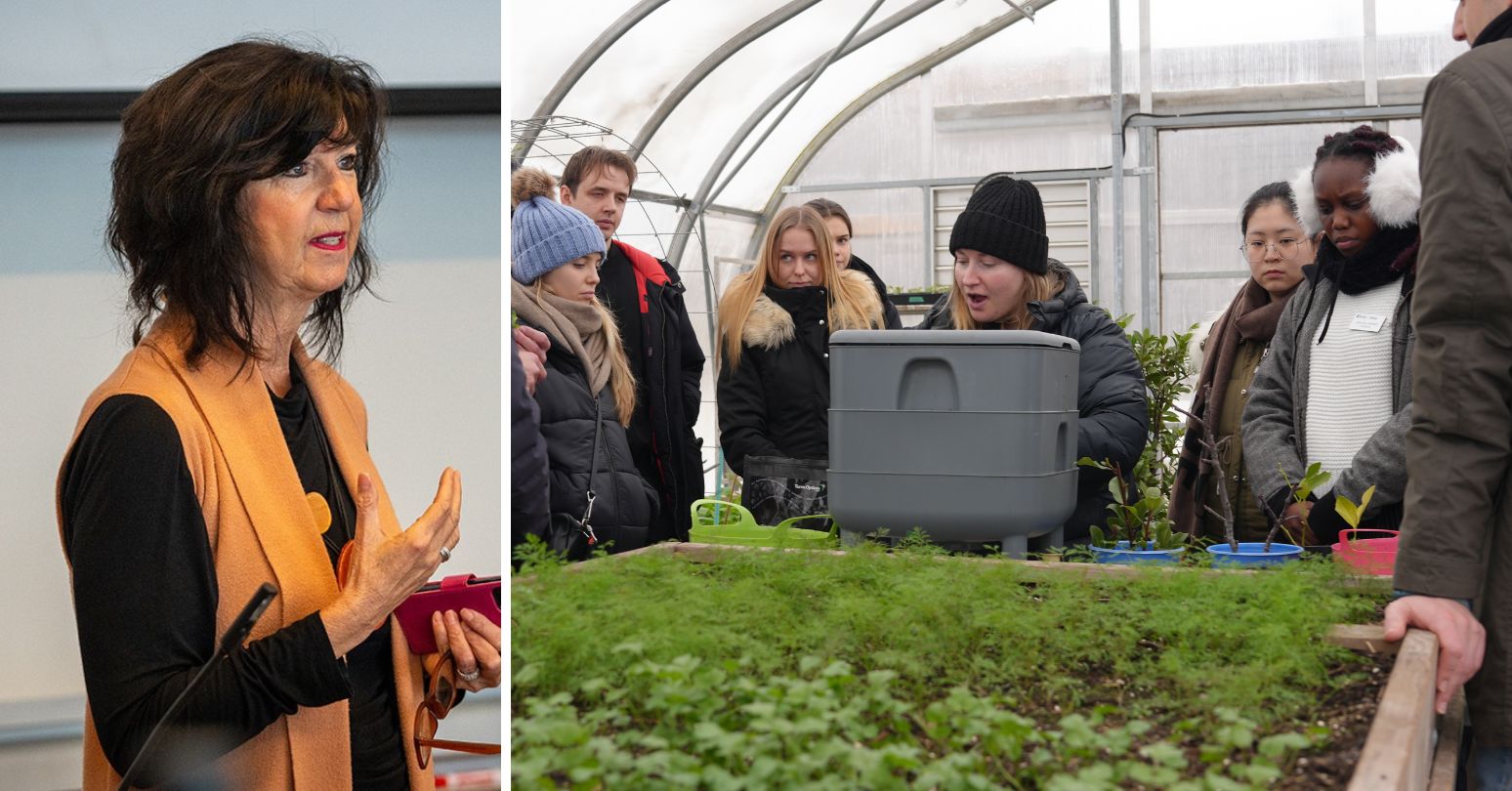 (Left) Michelle Quintyn speaking to students, (right) CEMS MIM students touring a greenhouse