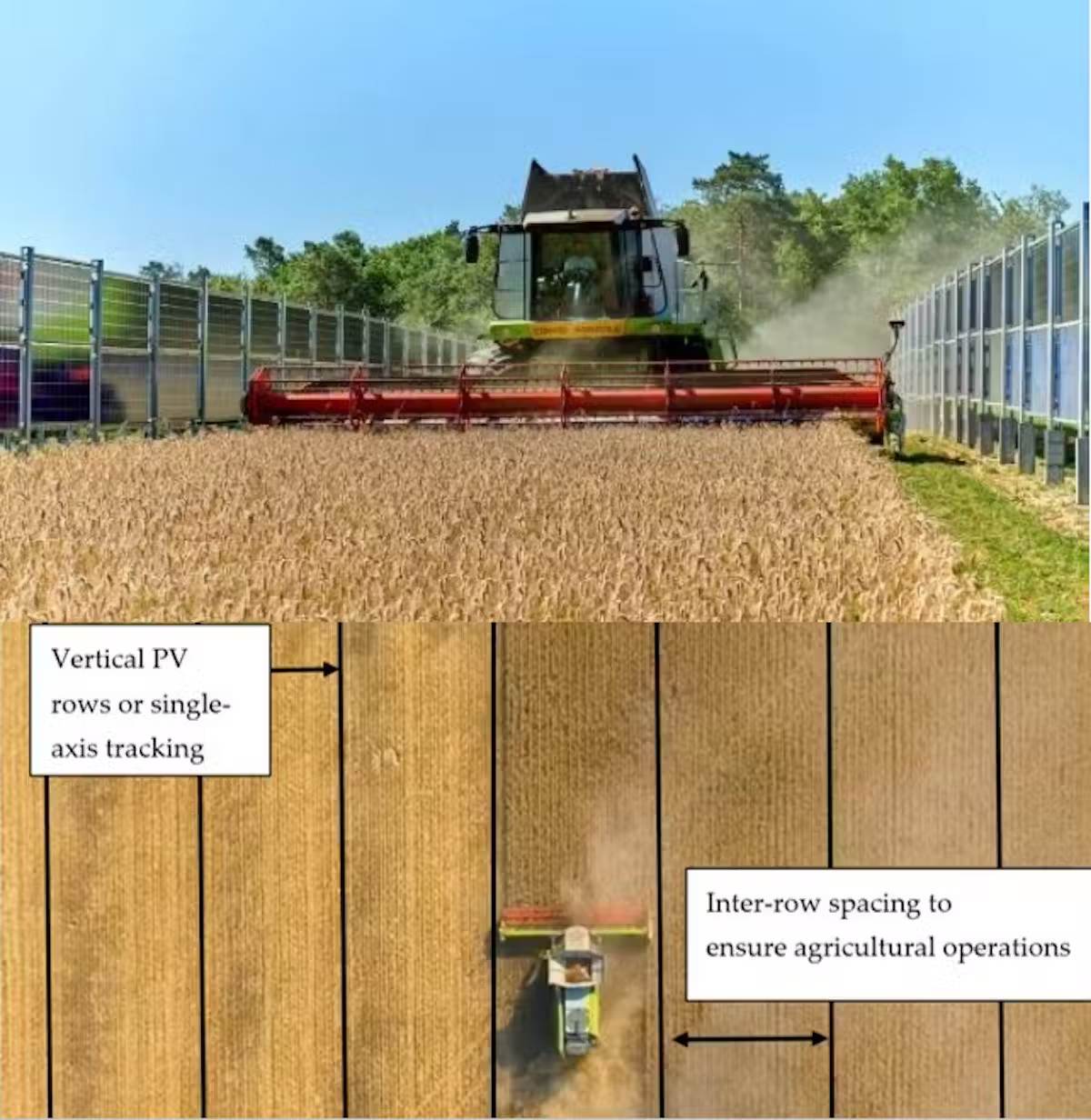 Farming machinery operating between solar panels