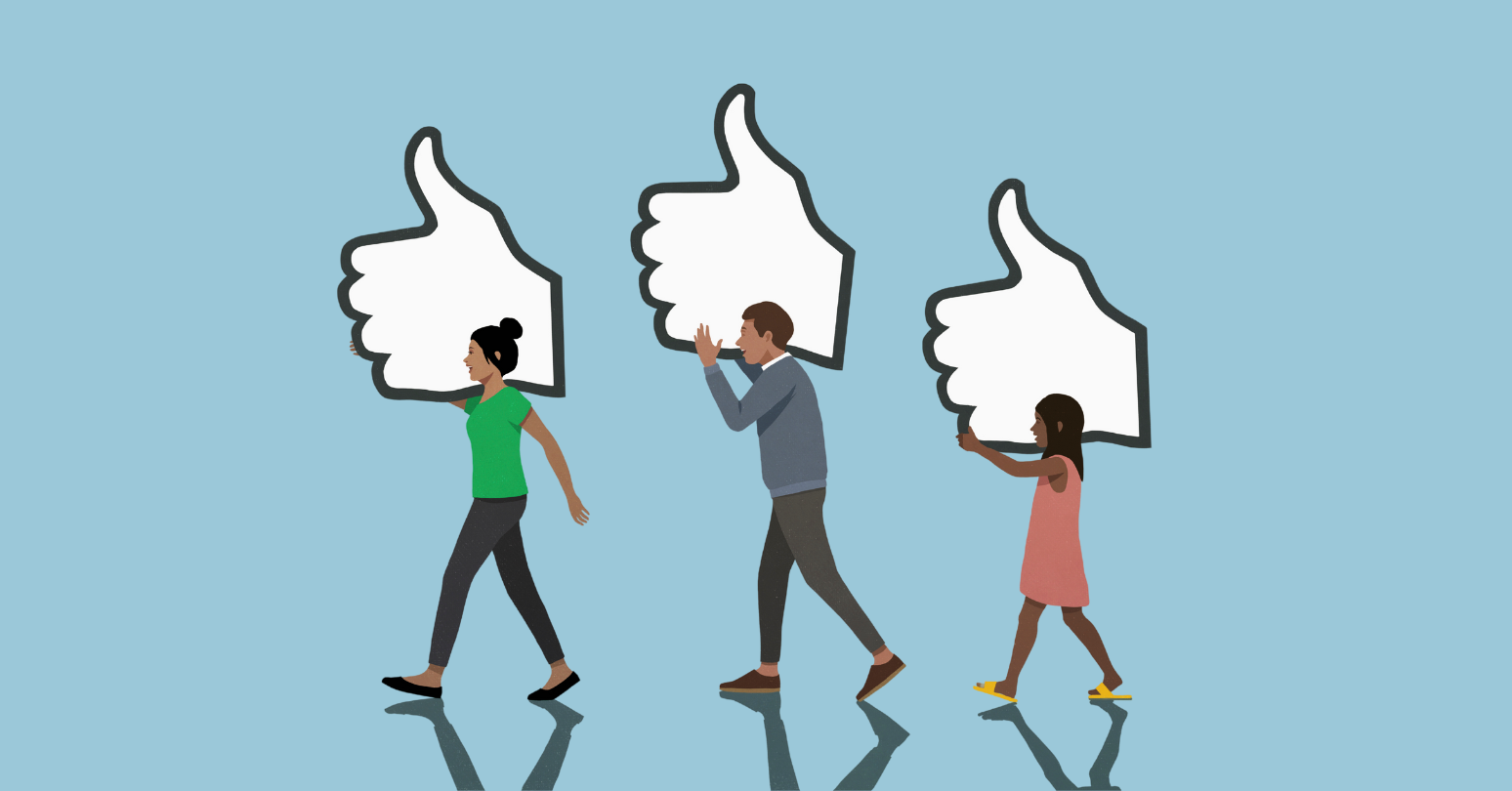 Illustration Three People Walk In Line Holding Large Thumbs Up Or Likes