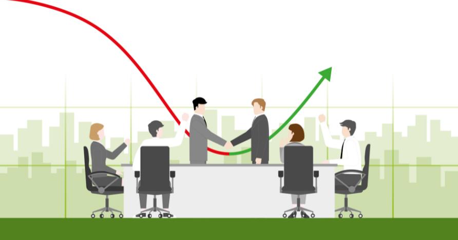 Landscape Graphic Of Board Meeting Where Directors Celebrate A Handshake With A Chart Showing A Shift From Decline To Growth