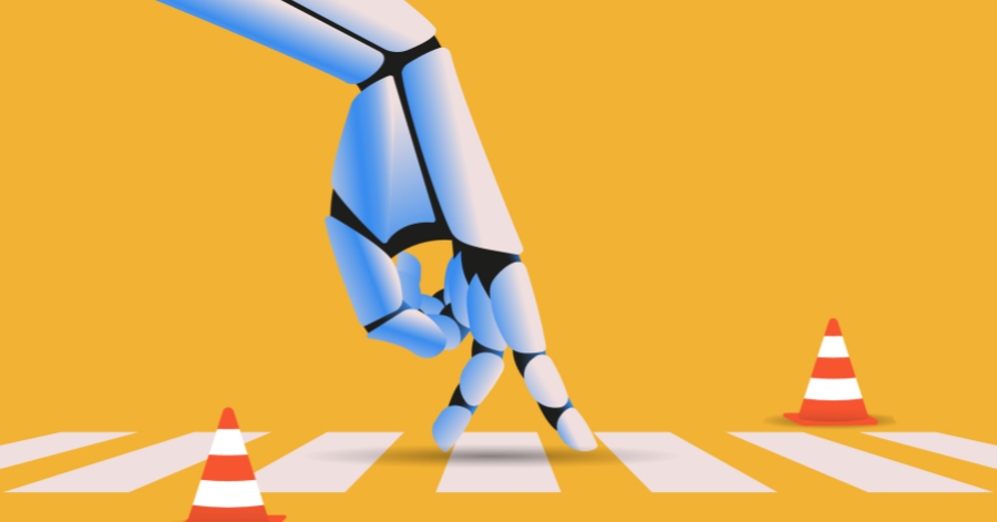 Illustration Of A Robotic Hand Walking Across A Crosswalk Between Traffic Cones