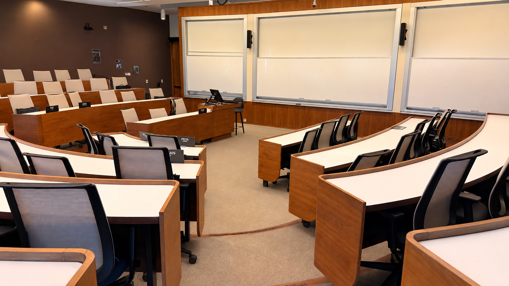 An empty tiered case-method classroom at Ivey Business School.
