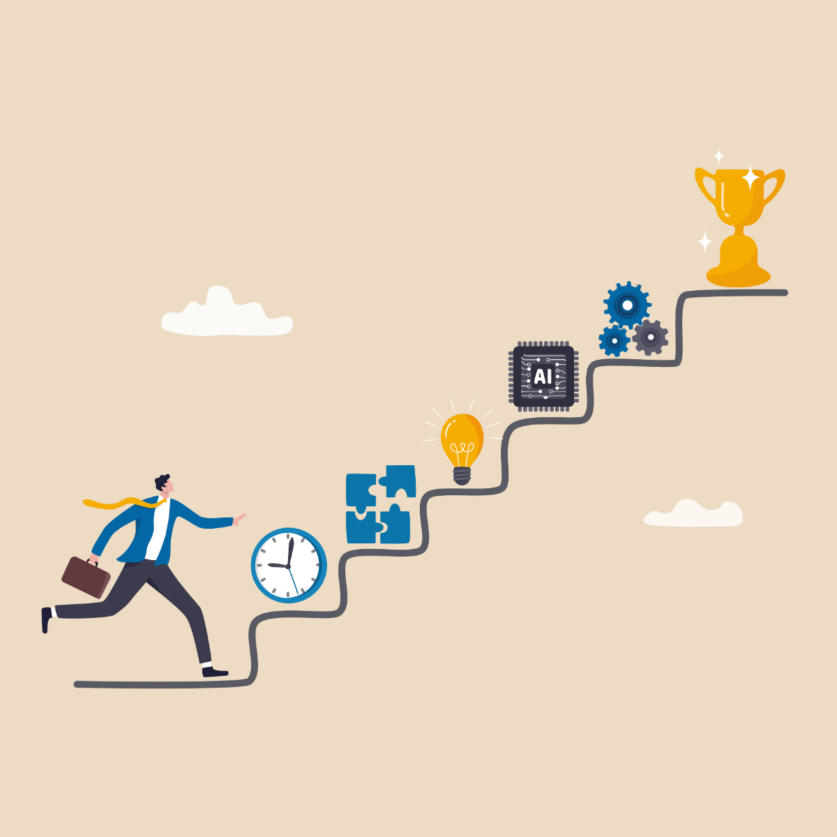 Illustration Of A Business Professional Running Up A Staircase Of Progress Icons Toward A Trophy