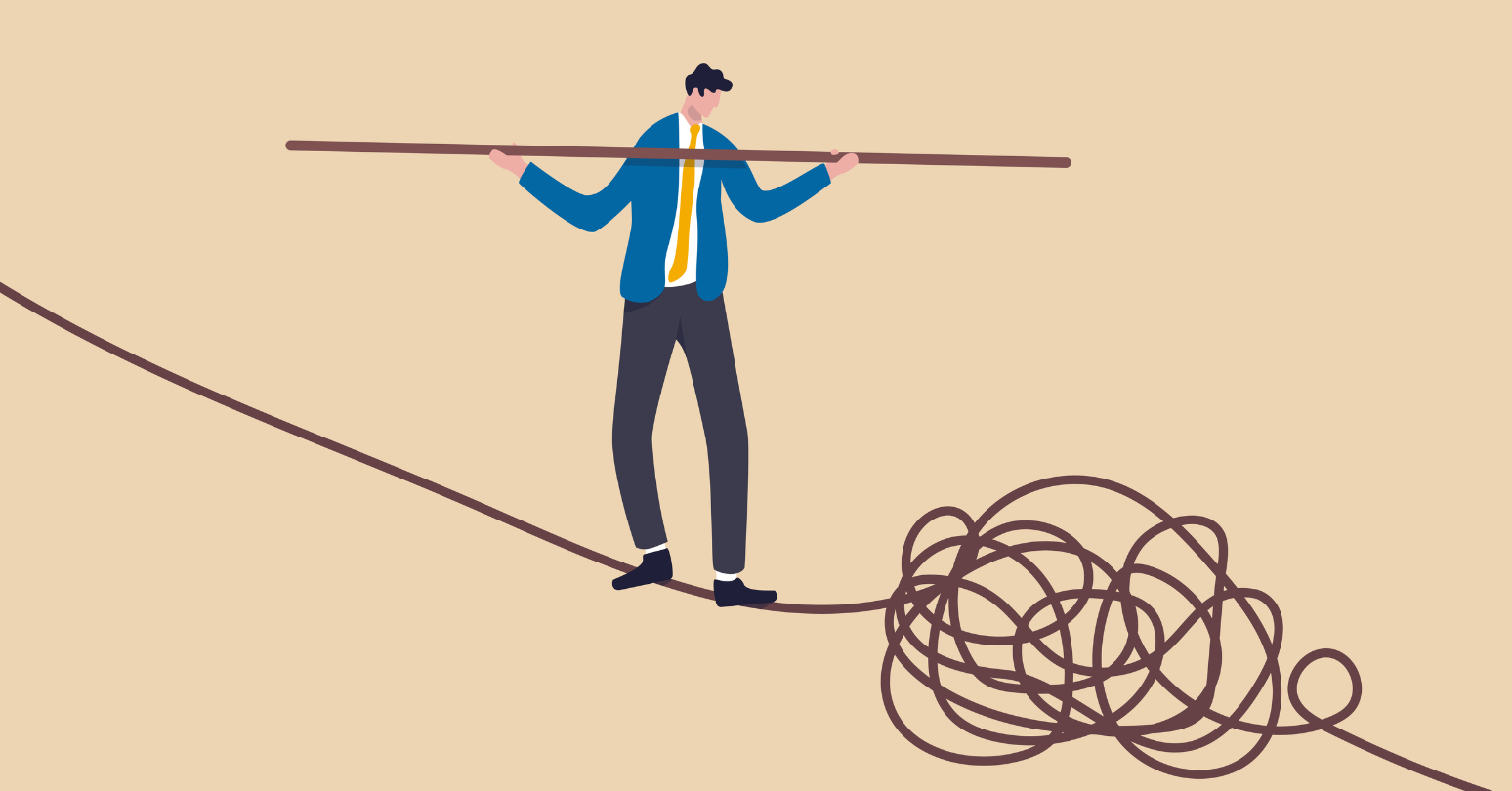 Illustration Of A Businessperson Balancing On A Tightrope Above A Tangled Line