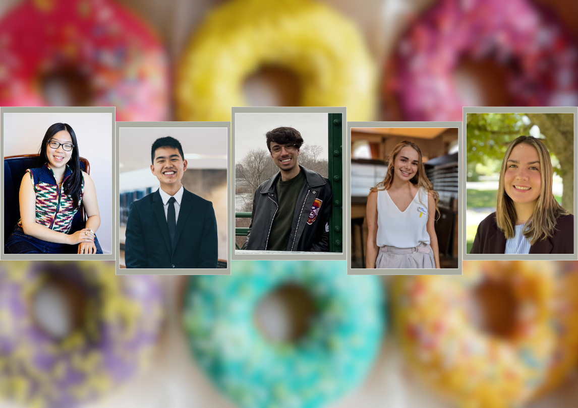 In front of a background of blurred donuts are images of Wynnie Zhao (HBA ‘22), Brian Chang (HBA ‘23), Chris Mohan (HBA ‘23), Abby Litchfield (HBA ‘21) and Kiera Taylor (HBA ‘24)