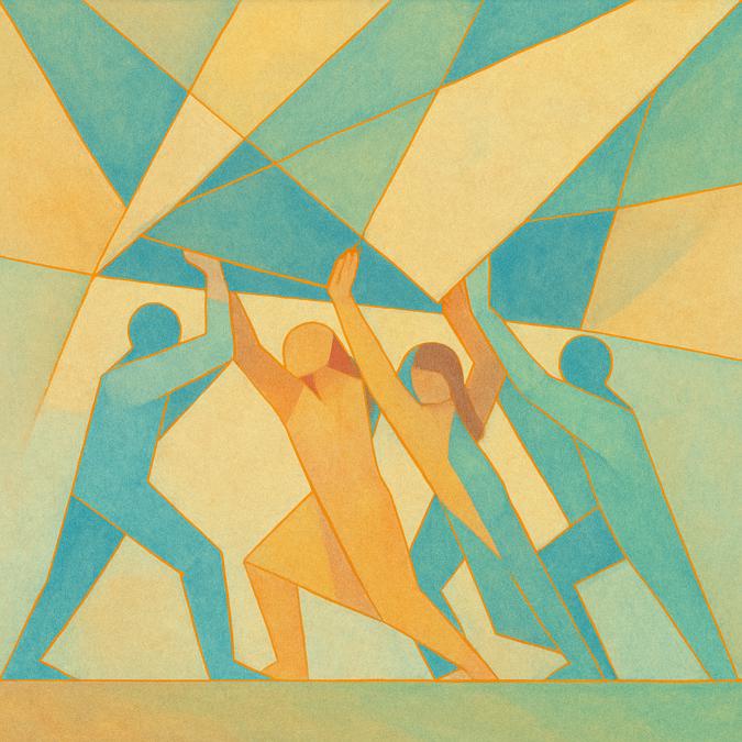 People collaborating to hold up a burden