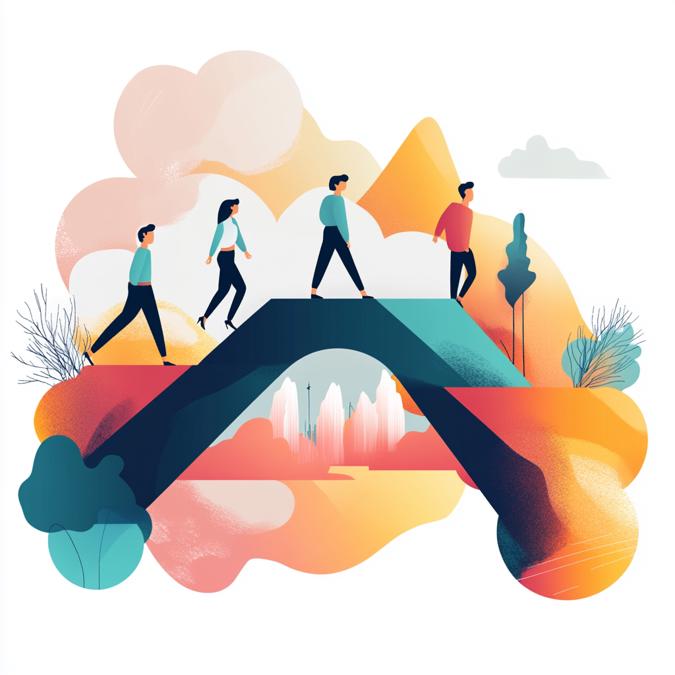 People walking over a bridge in a colourful landscape