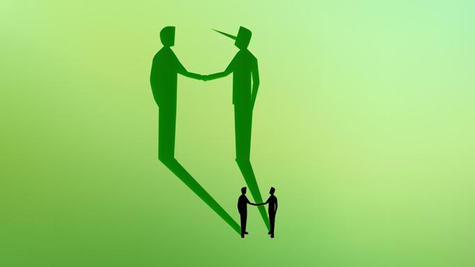 Graphic Of Two Figures Shaking Hands, With Shadows Cast Behind Them