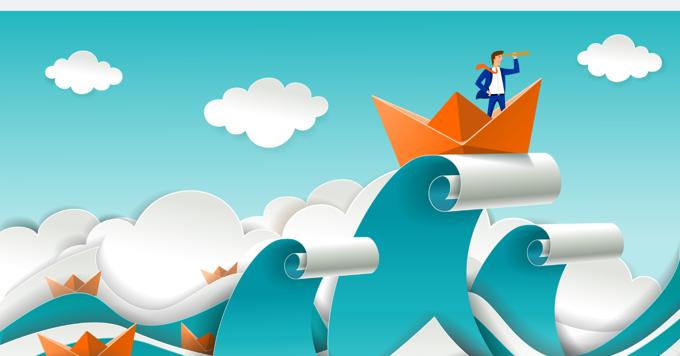 Illustration Of Orange Origami Boats On Blue Turbulent Waves