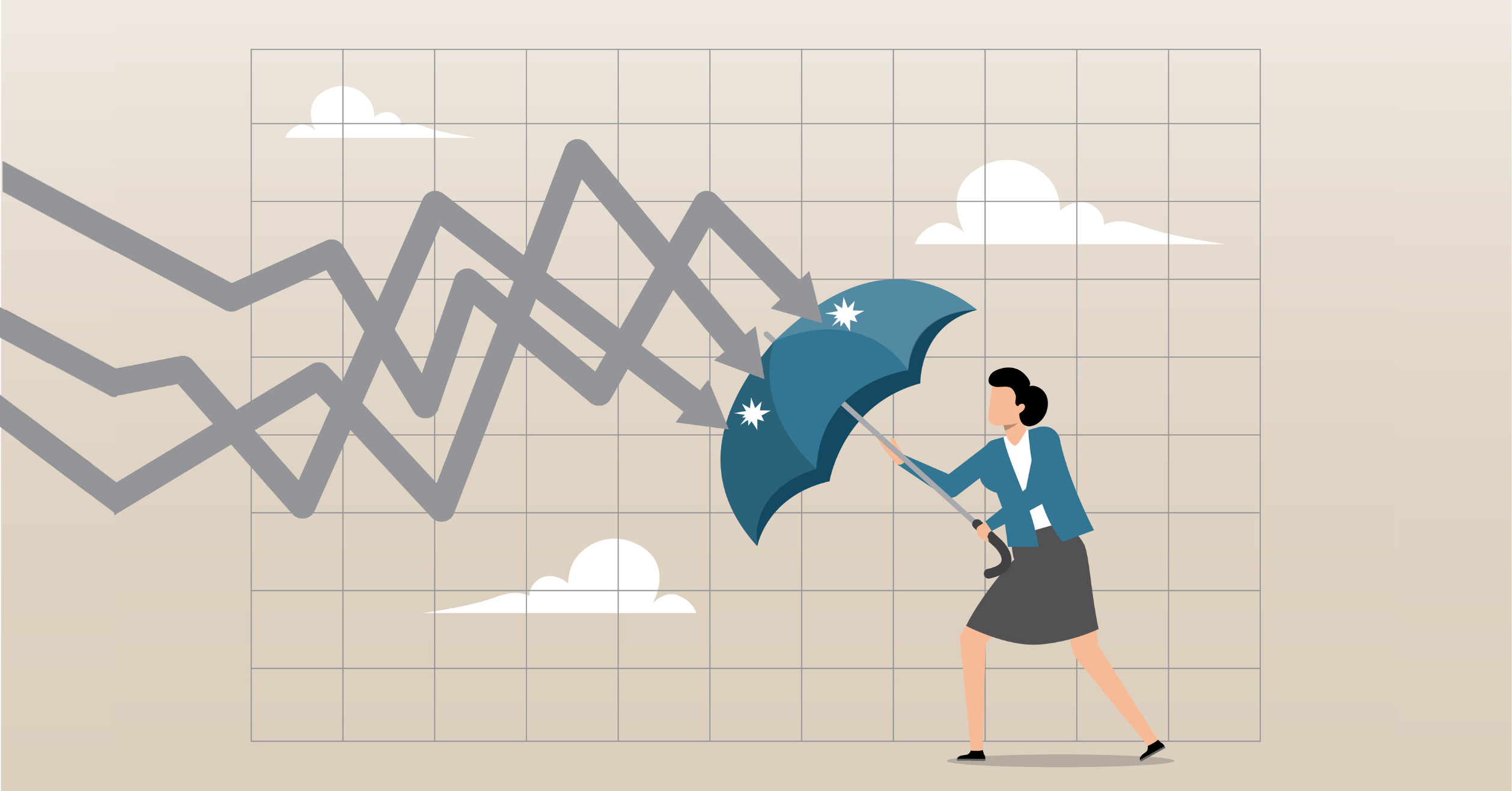 Graphic Of Business Woman Using Umbrella As Defense Of Market Dips (1)