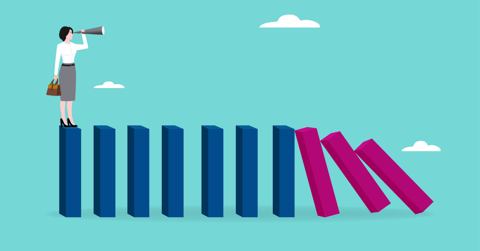 Illustration Of A Business Leader Looking Through A Telescope From A Row Of Upright Dominoes Toward A Series Of Falling Dominoes, Representing The Importance Of Anticipating Future Disruptions (1)