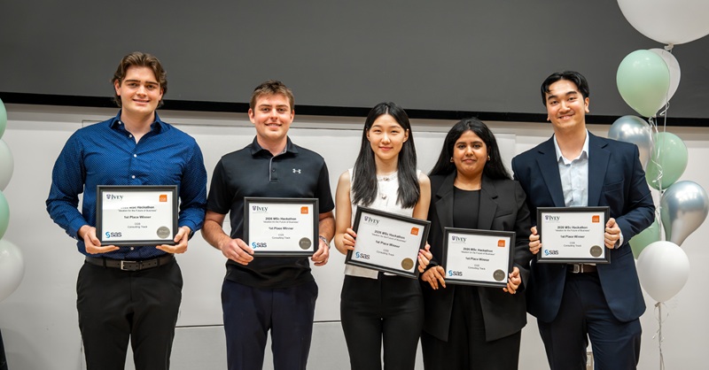 The first-place team from the consulting track, Brave Agents l-r: Cameron Maxwell, Matthew Josephson, Jialin Xu, Shaamini Gopala Krishnan, and Ben Nguyen.