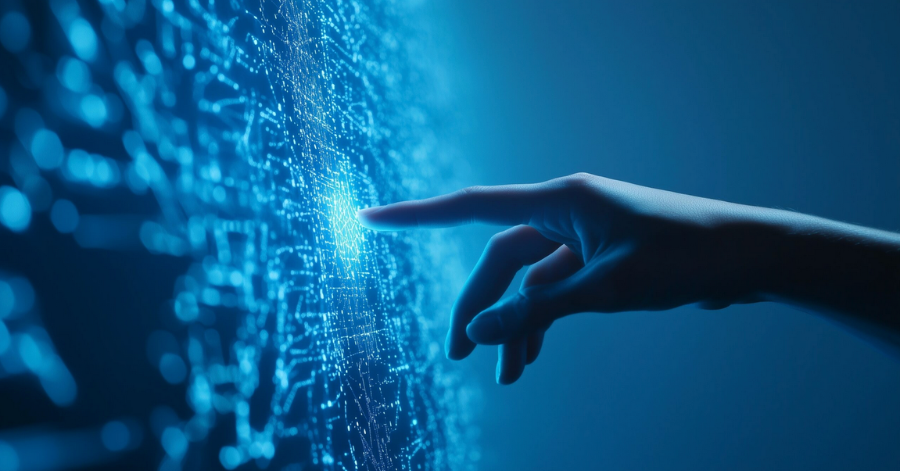 Close Up Of A Hand Interacting With A Glowing Blue Digital Network Or Data Interface